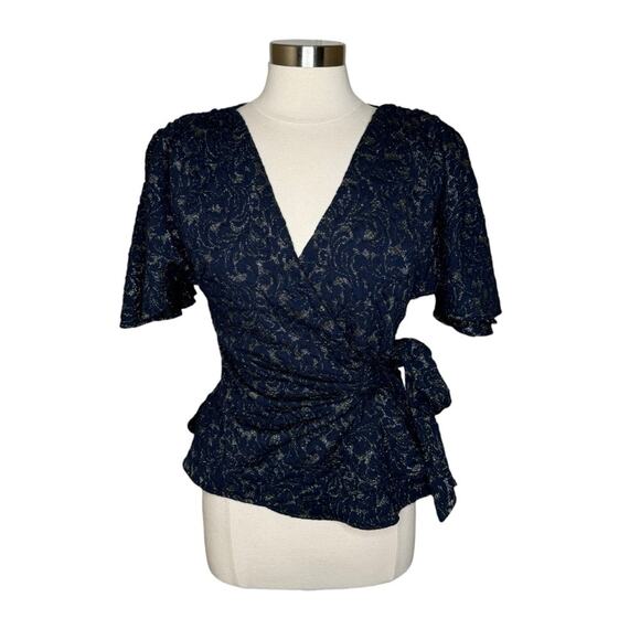 Anthropologie Eva Franco Navy‎ Gold Shimmer Wrap Blouse Women’s Size 6 - Picture 10 of 10